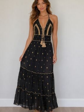 NWT Crochet Boho Coquette Bohemian Black Gold Tiered Maxi Dress Sz Large/XL